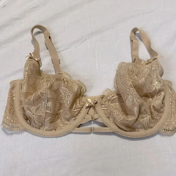 Cacique Beige Shimmer Soft Cup Underwire Bra Bows Size 36DD - Picture 1 of 6